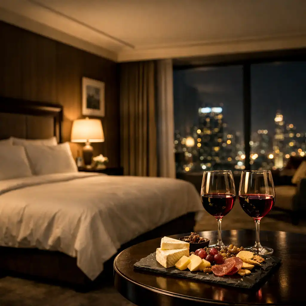 Luxurious hotel suite at night with a king bed, warm lighting, and a small table set with wine and cheese