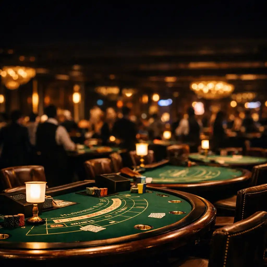 Elegant casino floor at Dealermar Blecasino with warm lighting and refined table games