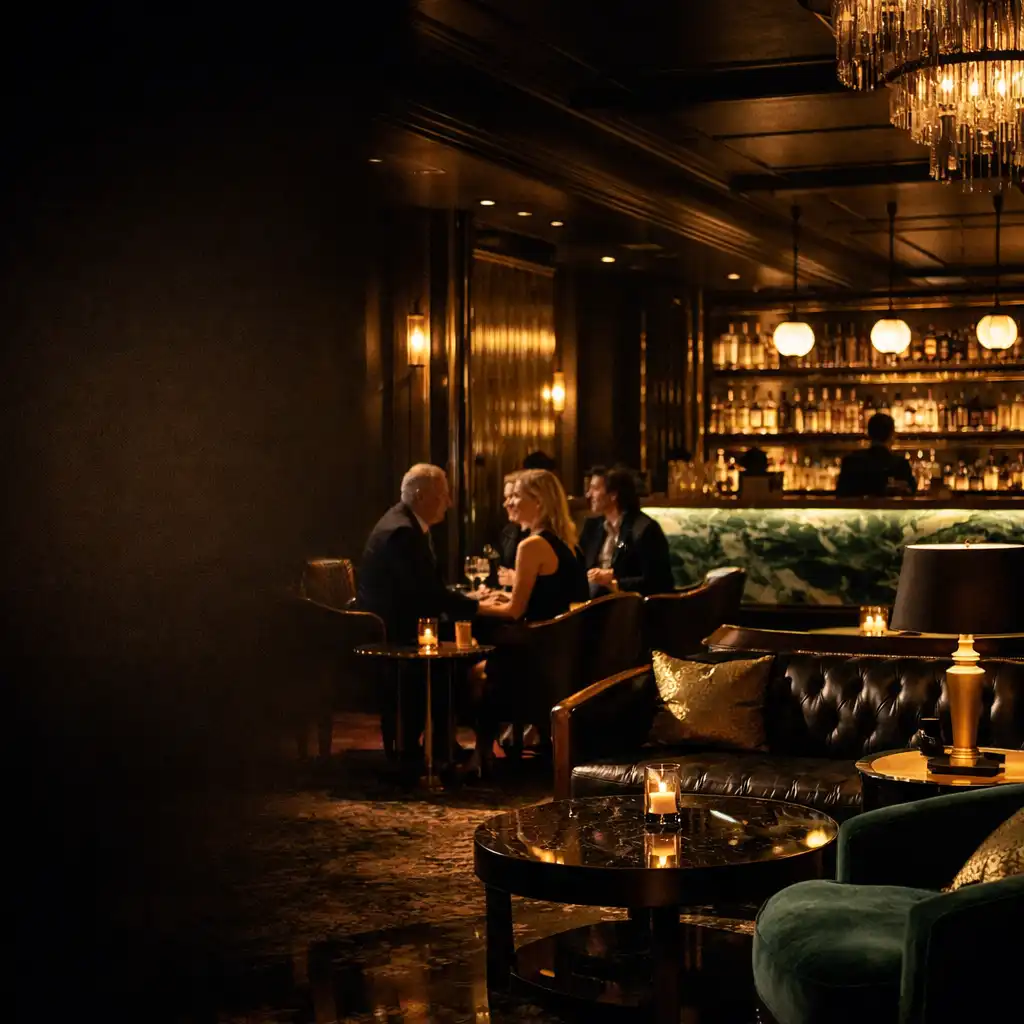 Sophisticated lounge area at Dealermar Blecasino with plush seating and warm ambient lighting