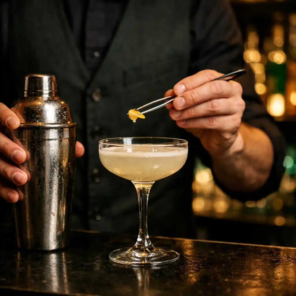 A bartender's hands crafting a cocktail with a shaker and coupe glass on a dark bar counter with backlit bottles