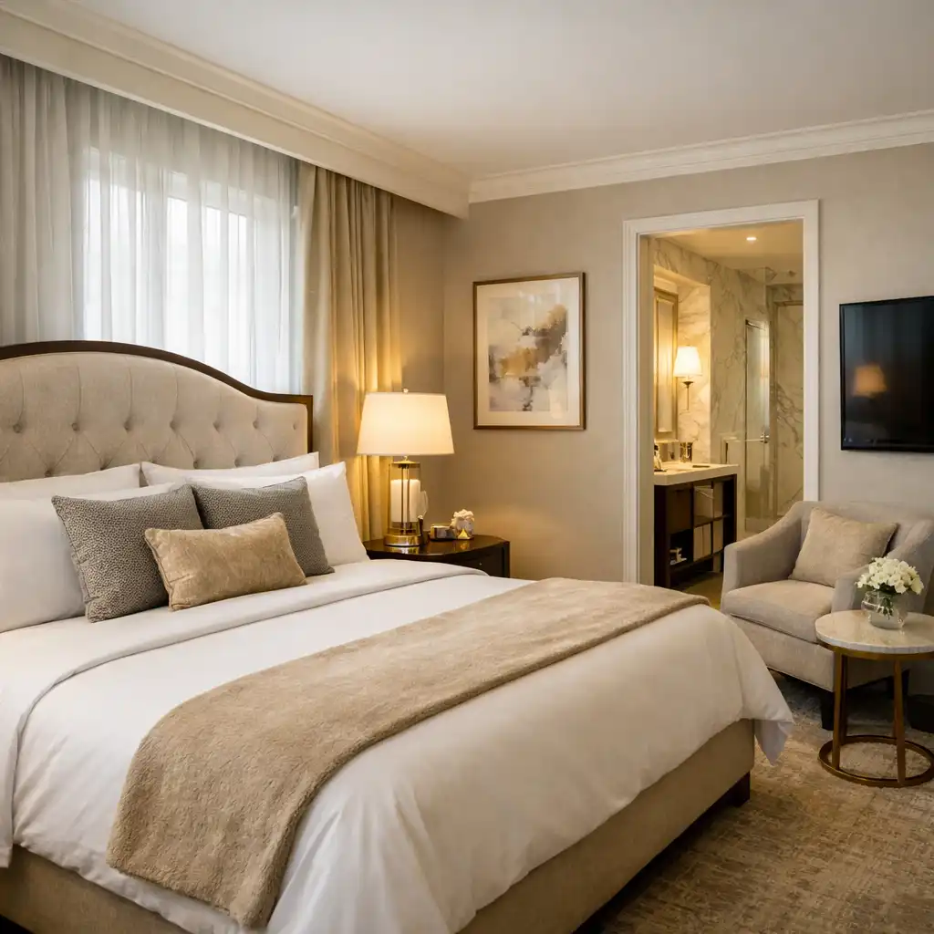 Deluxe King Room with a plush king bed, upholstered headboard, and soft natural light