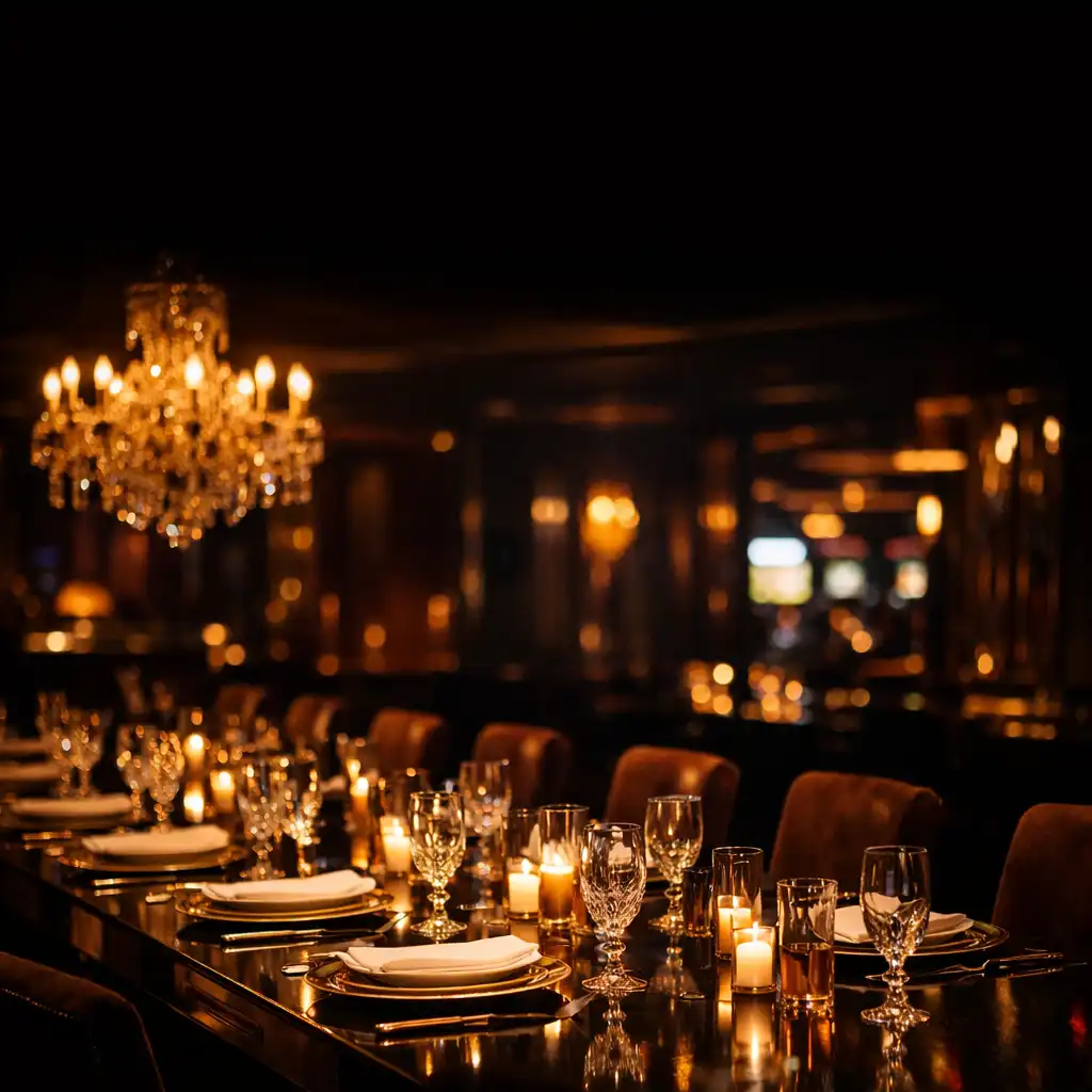 A luxurious casino hotel dining room at night with a long table set with crystal glasses and gold-rimmed plates under a warm chandelier
