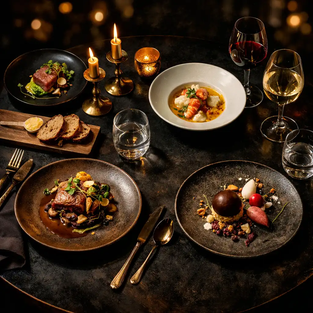 Fine dining tasting menu with wine glasses and candlelight
