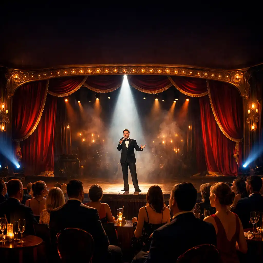 Live stage performance under spotlight in elegant theater
