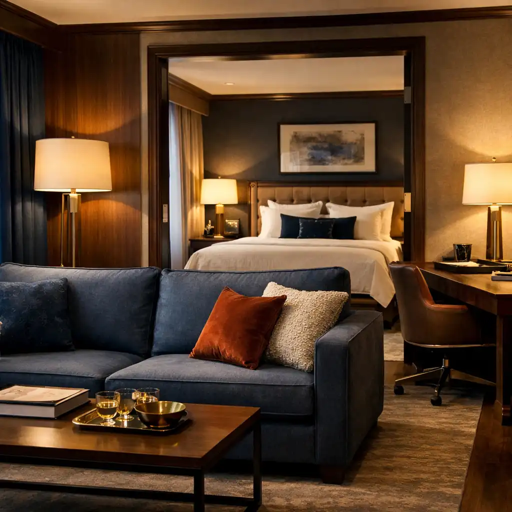 Executive Suite with a separate living area, sofa, work desk, and view into the bedroom