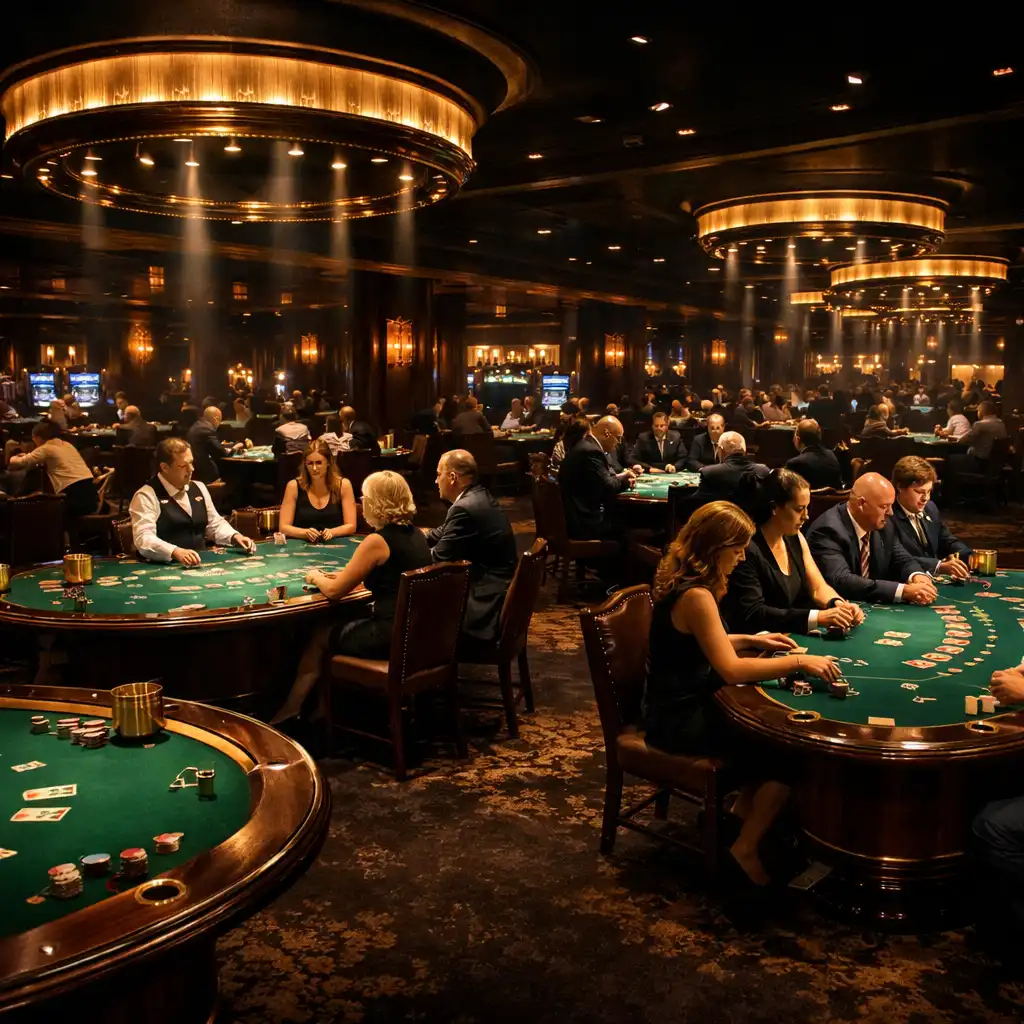 Sophisticated casino floor with green felt gaming tables and dramatic lighting