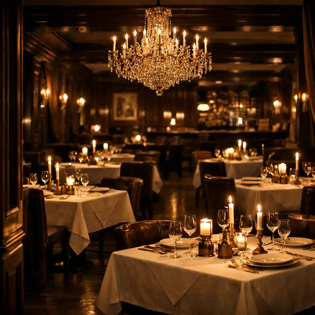 Elegant restaurant interior with candlelit tables and a crystal chandelier