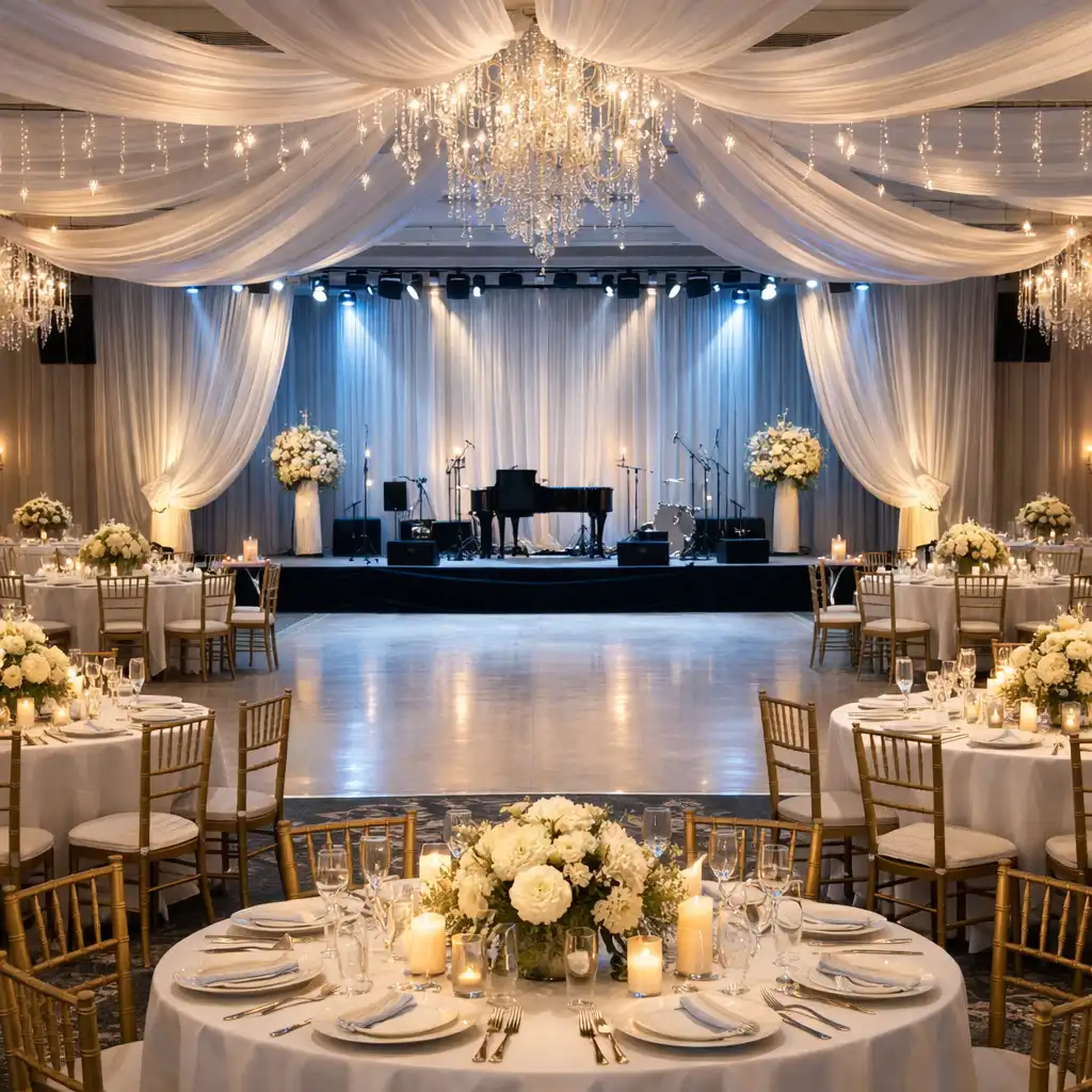 Large ballroom set up for an elegant event with round tables and a stage