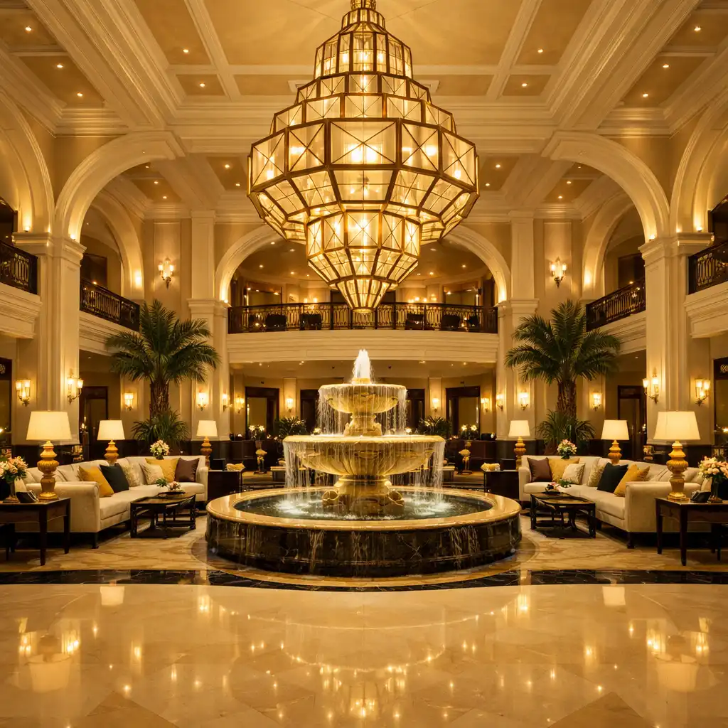 Grand hotel lobby with high ceilings, marble floors, and a geometric chandelier