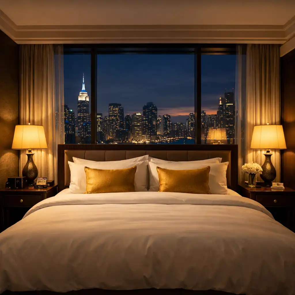 Luxurious hotel room at night with a king-sized bed and city skyline view