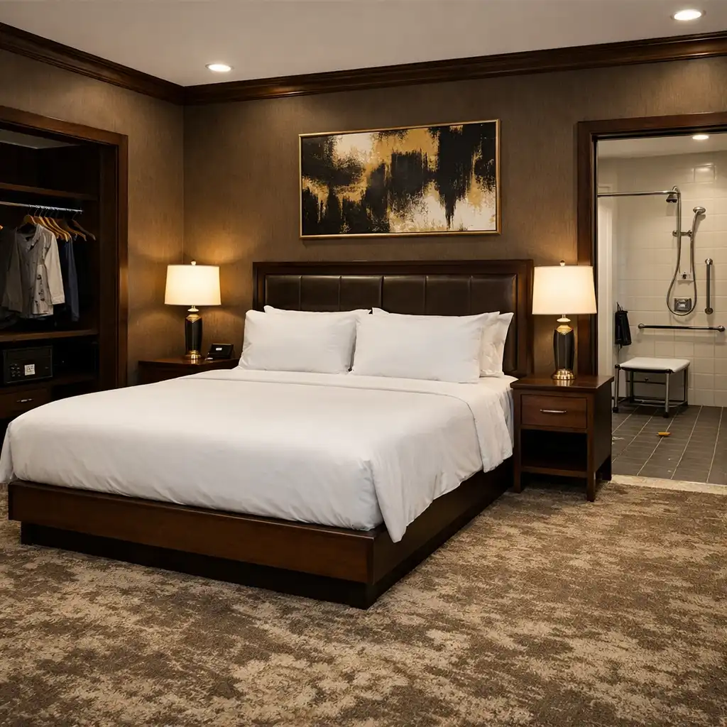 Accessible hotel room with king bed, open floor space and roll-in shower visible through open bathroom door