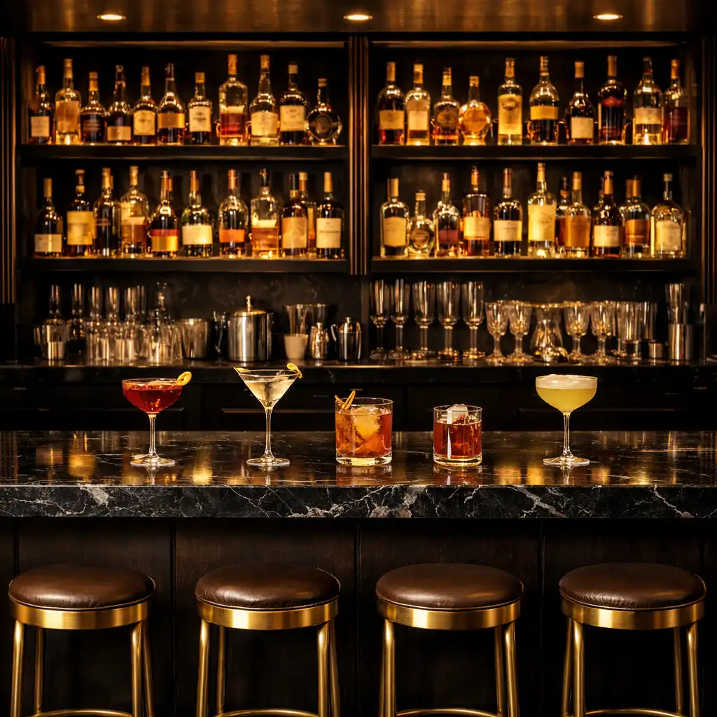 Sophisticated bar with dark marble counter, backlit shelves of premium spirits and brass bar stools