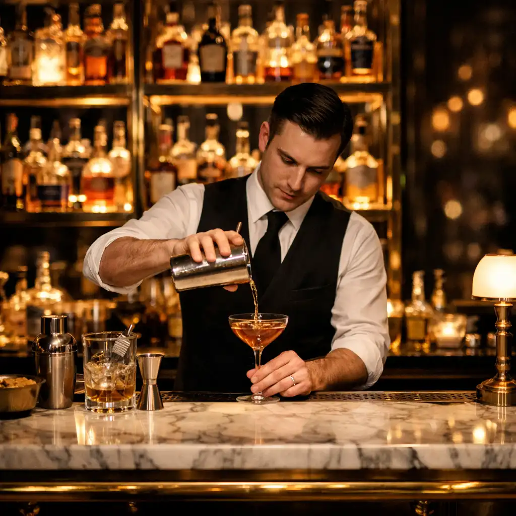 Stylish bar counter in a luxury hotel with marble top, brass fixtures, and a bartender preparing a cocktail