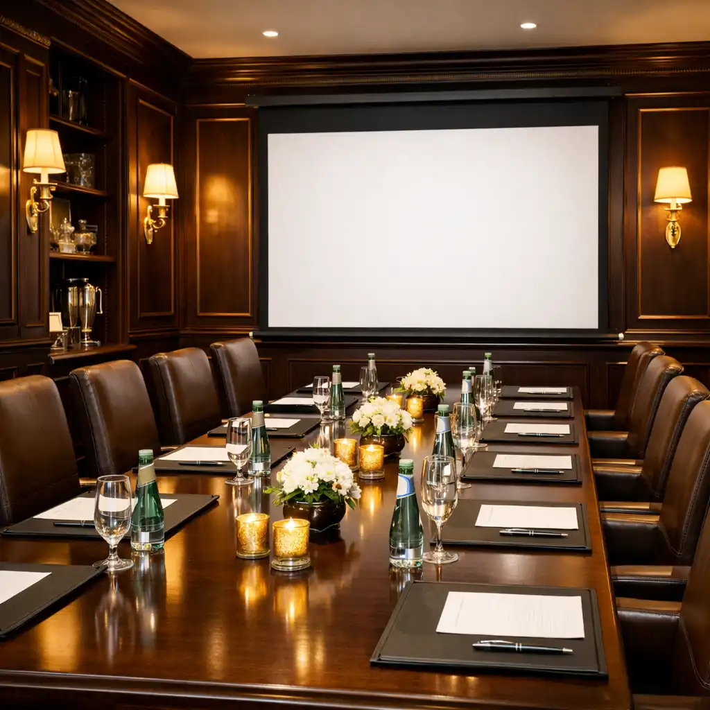 Elegant private dining room set up for a business meeting with a long table, leather chairs, and a presentation screen