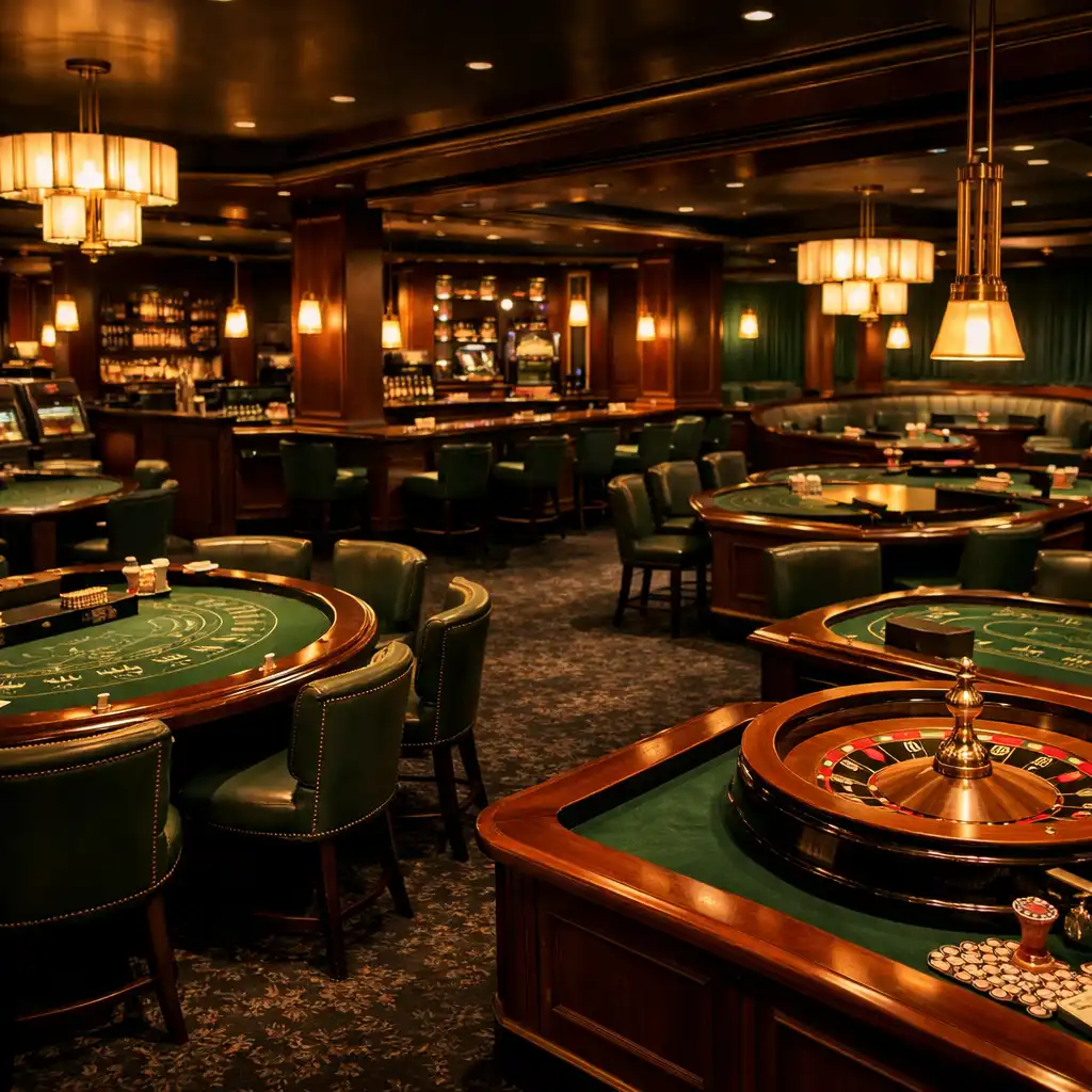 Sophisticated casino floor with dark carpeting, elegant gaming tables and warm ambient lighting