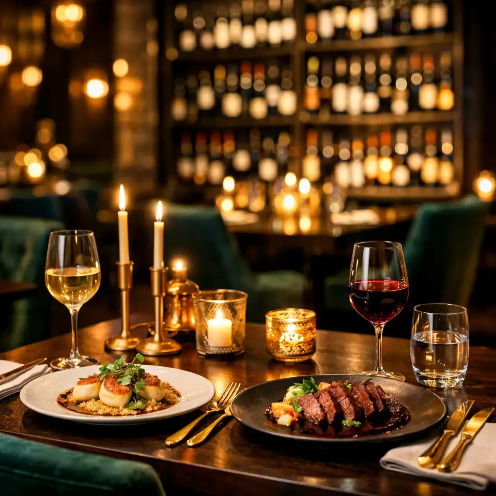 Elegant fine dining restaurant with dark wood tables, emerald chairs and gold table settings