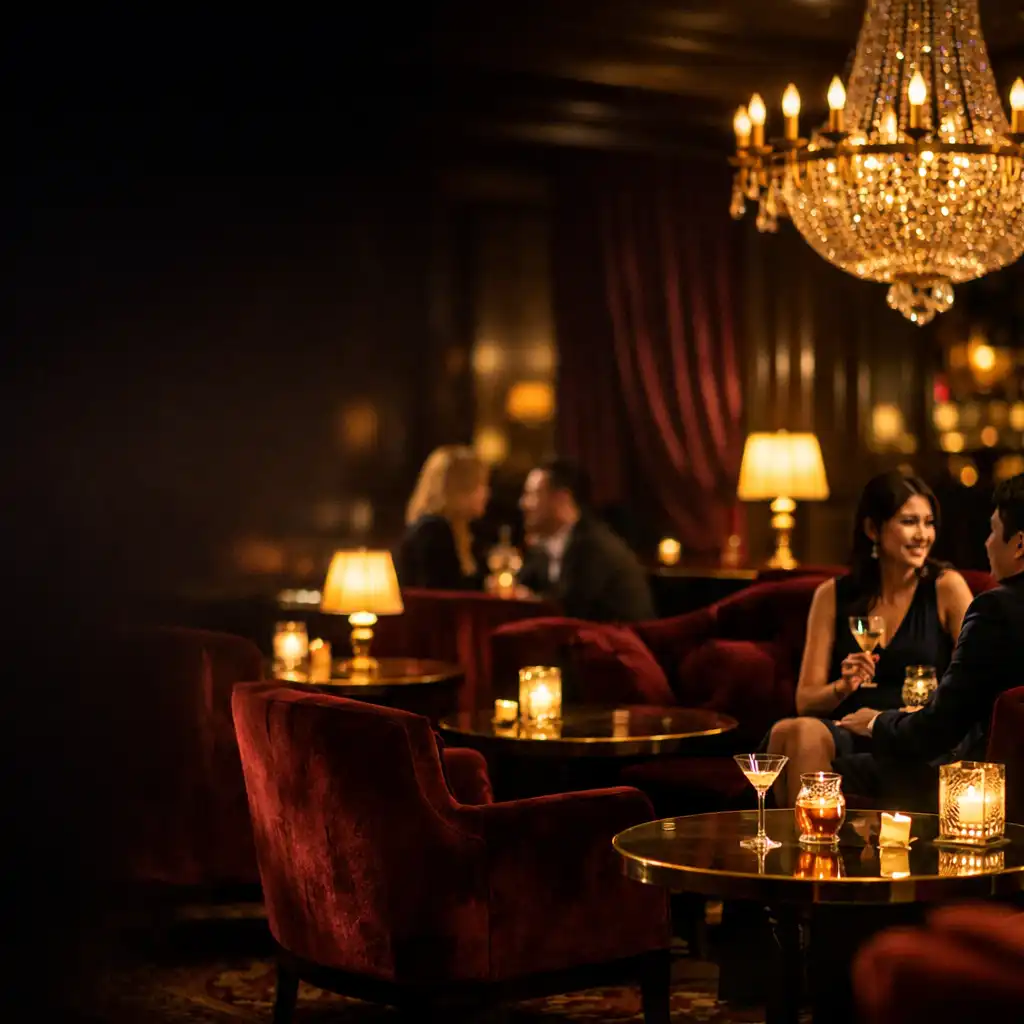 Sophisticated hotel lounge at night with plush velvet seating, warm ambient lighting, and guests enjoying cocktails