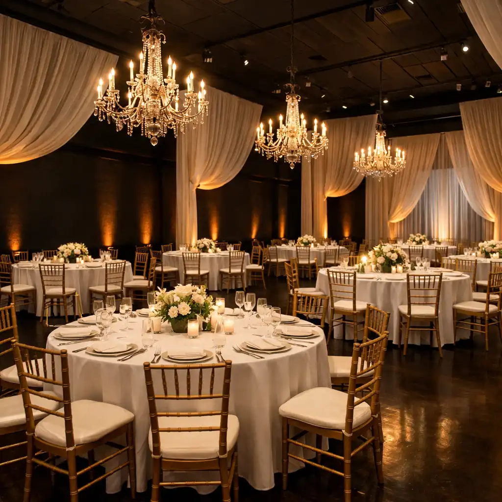 Versatile event space with high ceilings, round tables with white linens and gold chiavari chairs