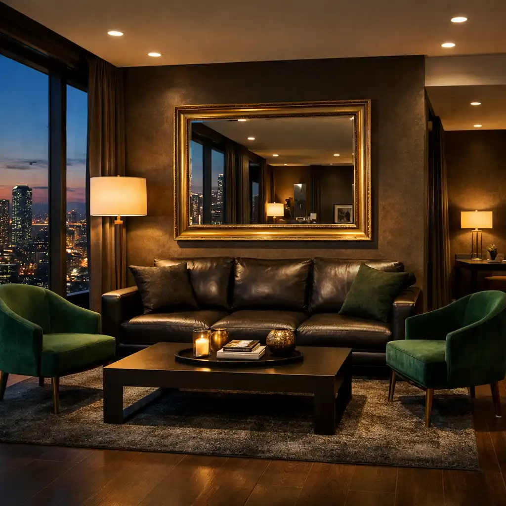 Executive suite living area with dark leather sofa, accent chairs and city skyline views at dusk