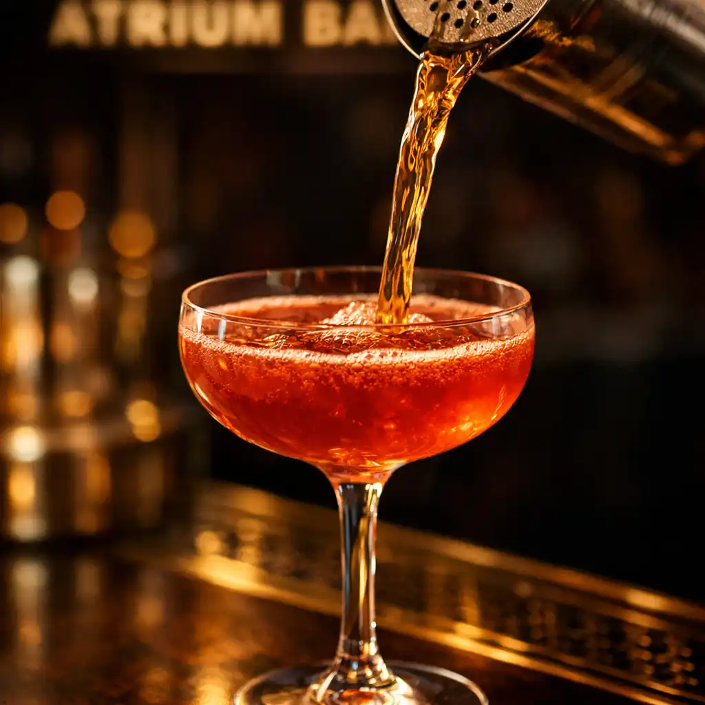 Close-up of a cocktail being poured at the Atrium Bar with warm light catching the glass