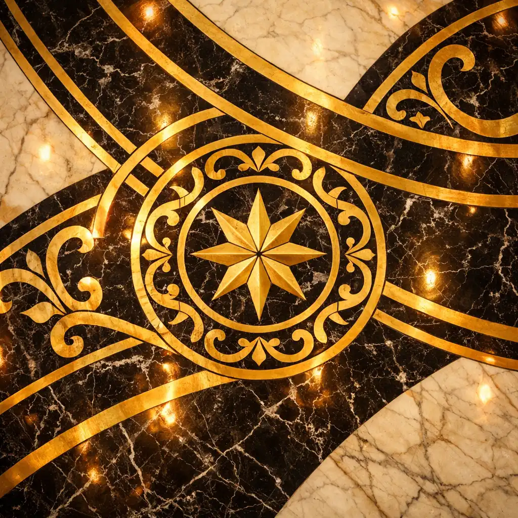 Detail of the hotel lobby marble floor with gold inlay pattern reflecting warm light