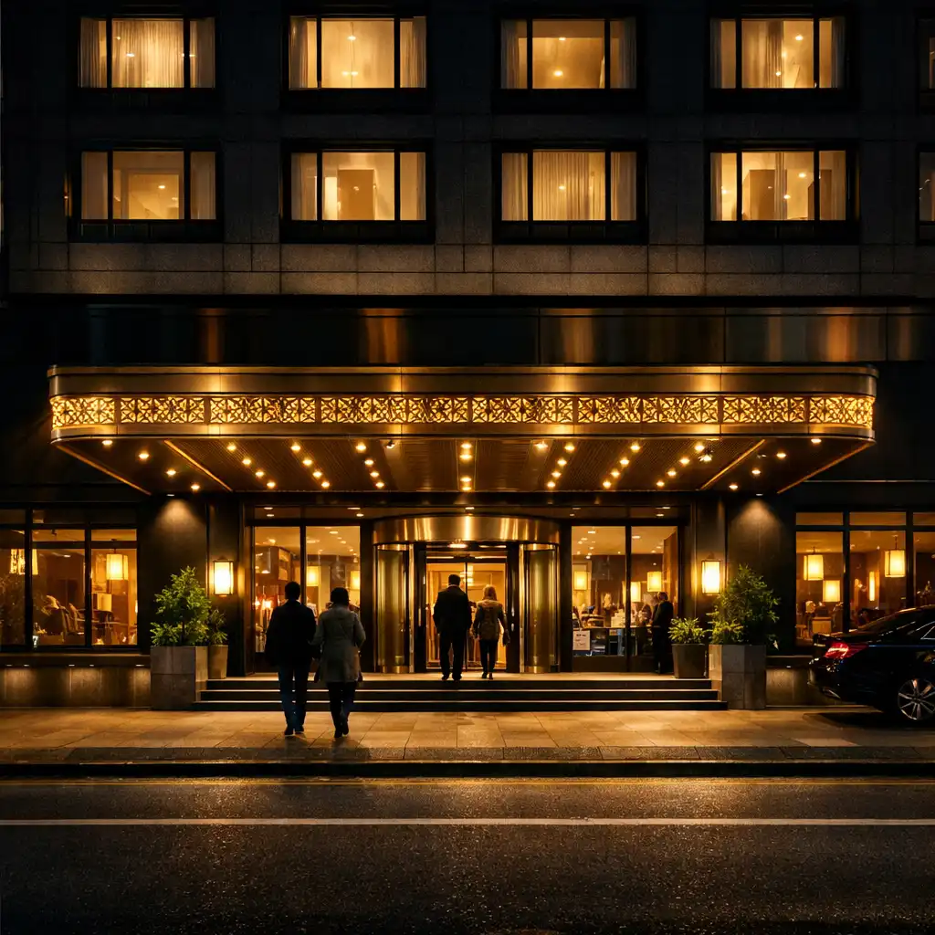Hotel exterior at night with illuminated entrance and warm gold canopy