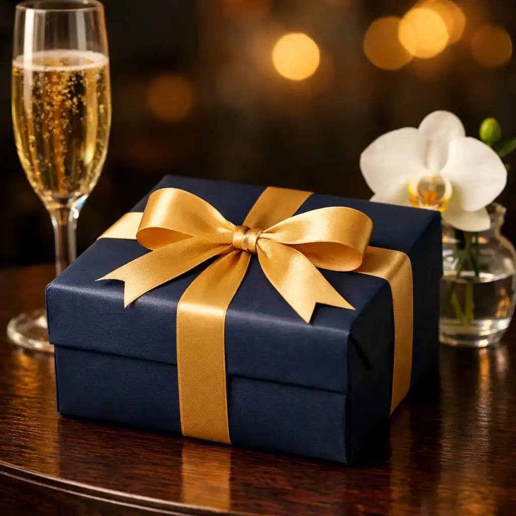 Beautifully wrapped gift box in deep navy paper with a gold ribbon, placed next to a glass of champagne and a white orchid