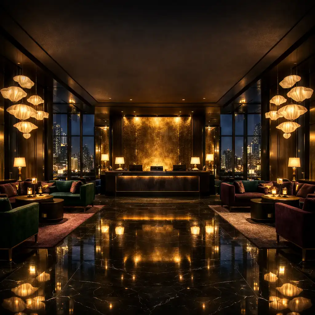 Refined hotel lobby at night with dark marble floors, warm brass accents and sculptural pendant lighting