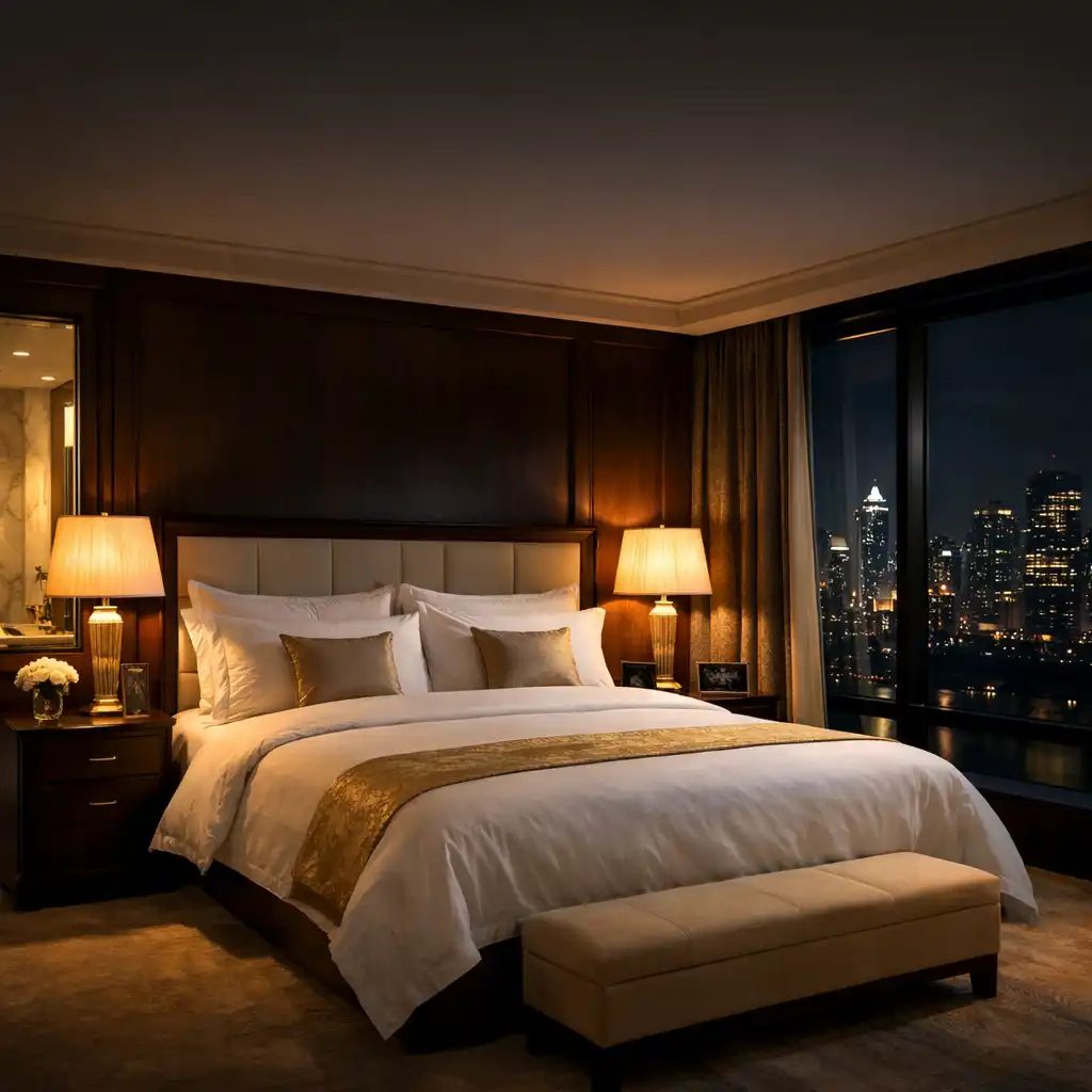 Elegant hotel room at night with a king bed, warm bedside lamps, and city skyline views through floor-to-ceiling windows