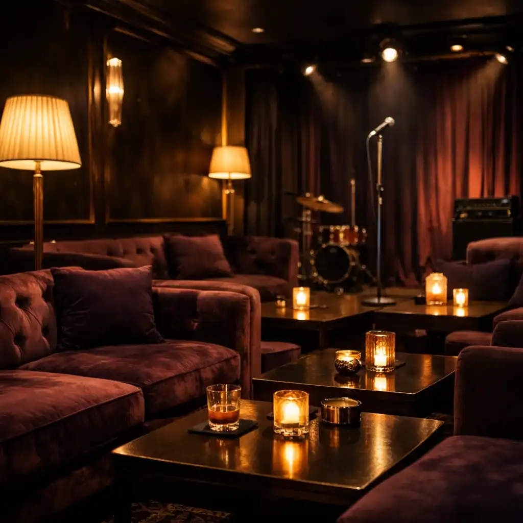 Late-night lounge with plush velvet sofas, low coffee tables and warm floor lamps