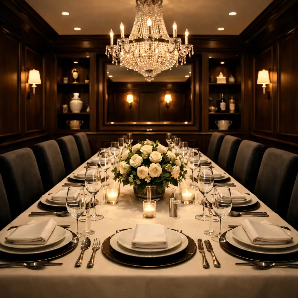 Private dining room with long table set for ten, dark wood panelling and crystal chandelier
