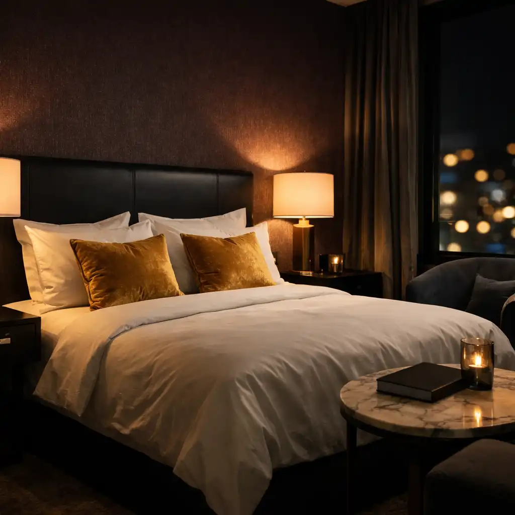 Contemporary hotel room with dark elegant palette, crisp white linens and gold accent pillows