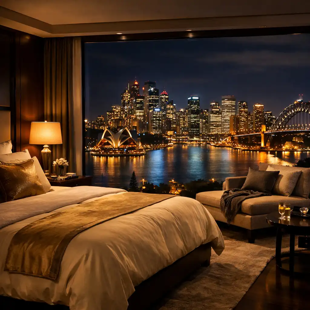 Skyline suite bedroom with panoramic window showcasing Sydney skyline at night and plush cream bedding