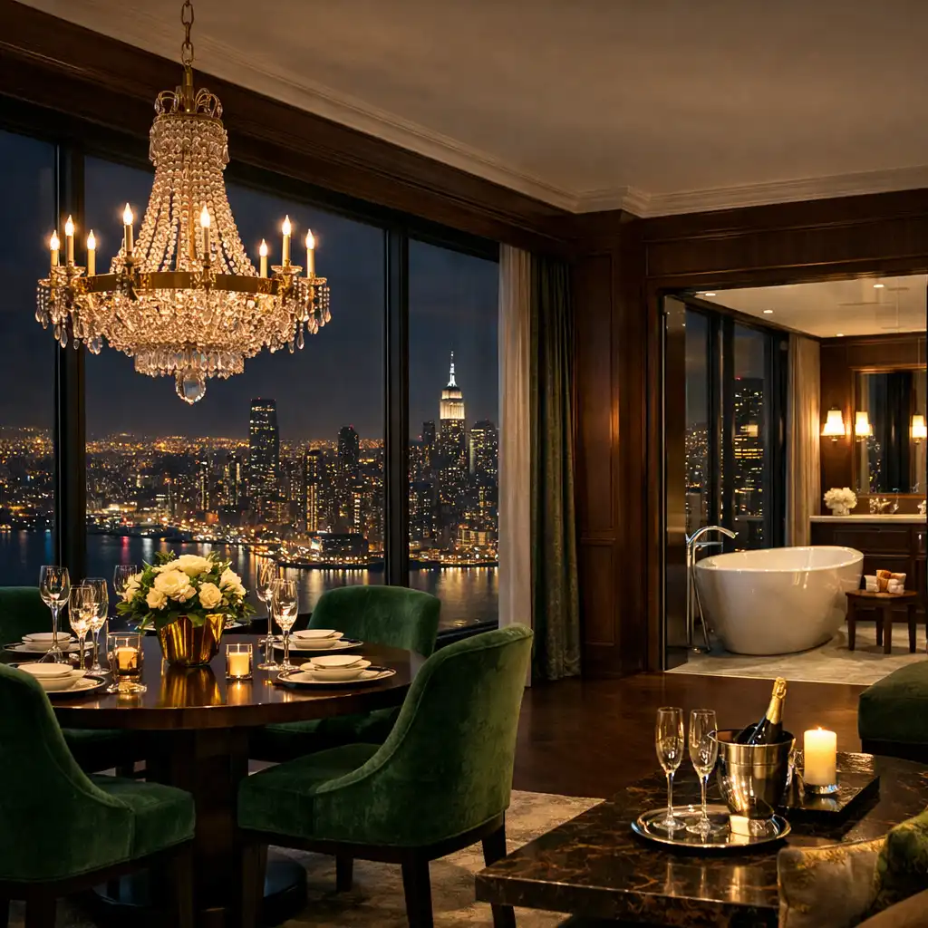 Dealermar Blecasino Suite with panoramic city views, spacious living area, and elegant dining space