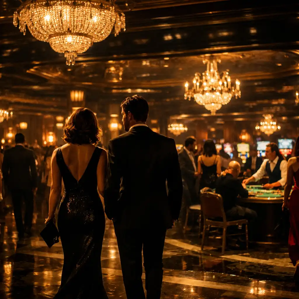 A wide shot of a casino hotel's main floor at night with elegant guests walking through, chandeliers glowing, and casino tables visible in the background