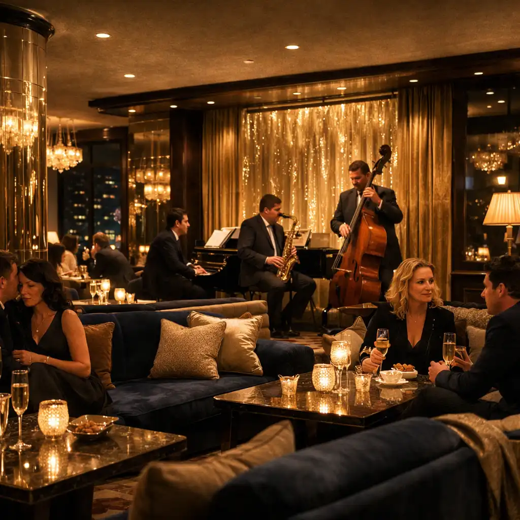 A luxurious hotel lounge at night with plush velvet sofas, low tables, and a jazz trio performing in the background