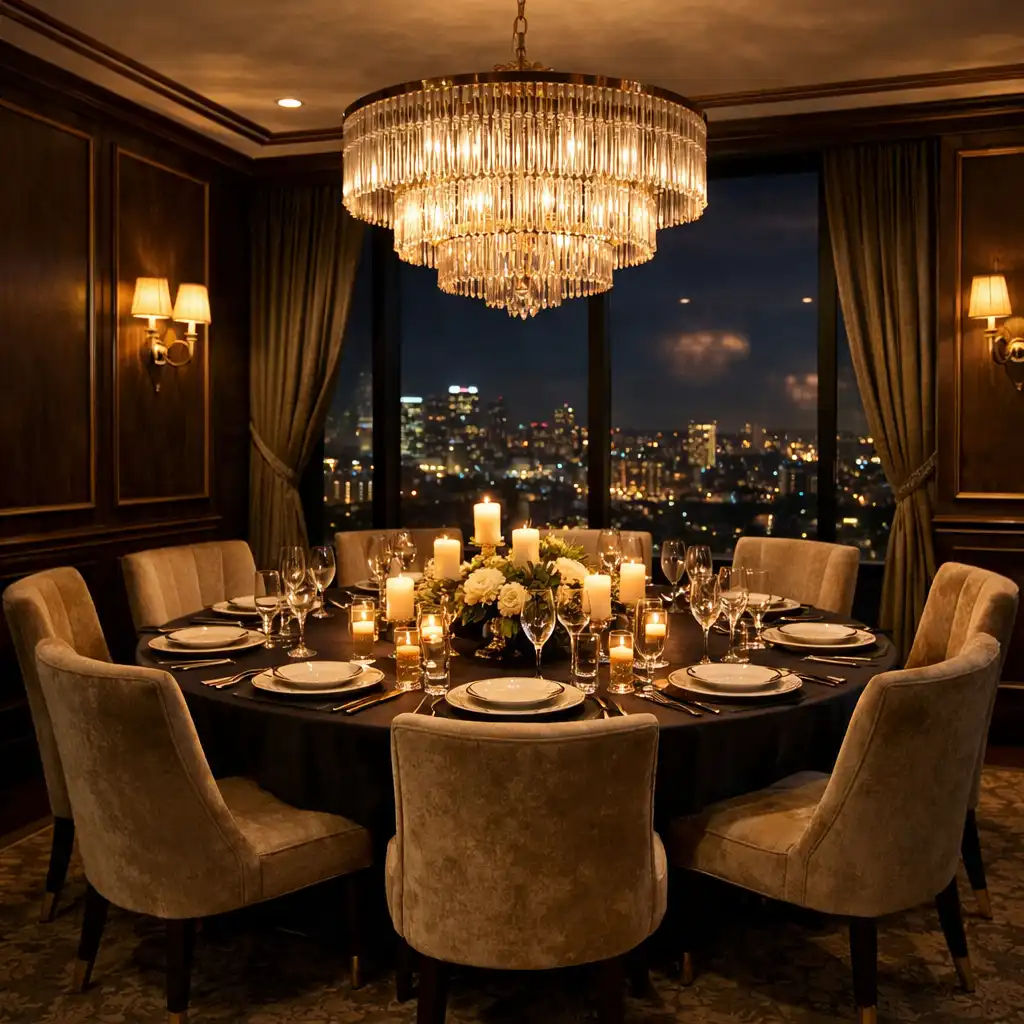 A private dining room set for an intimate dinner with a round table for eight, upholstered chairs, and a statement chandelier