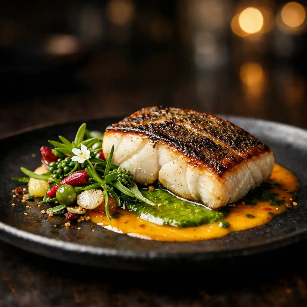 A beautifully plated modern Australian dish with seared fish and native herbs on a dark ceramic plate