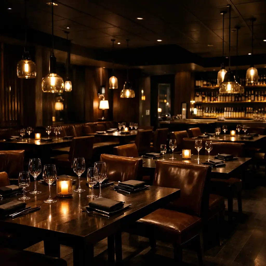 The interior of an upscale restaurant at night with dark timber tables, leather chairs, and soft pendant lighting