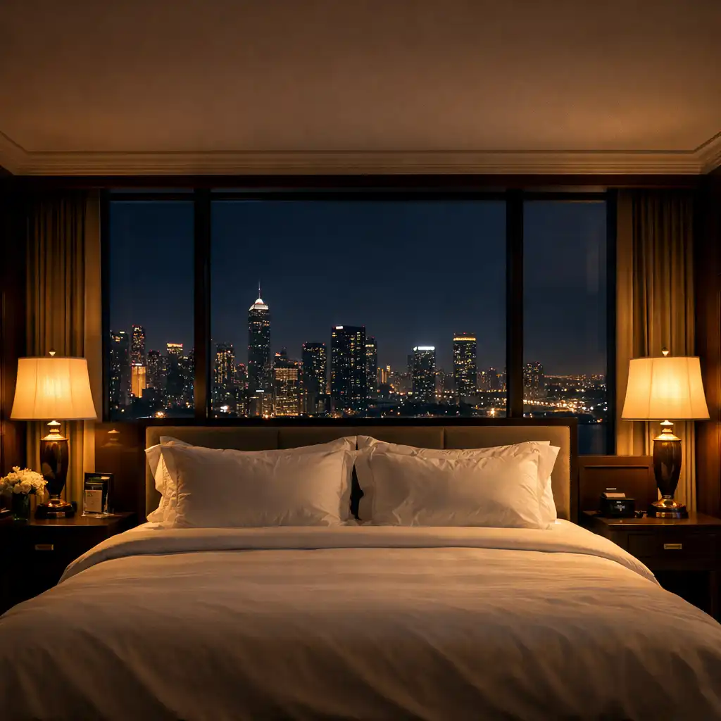 Luxurious hotel room at night with king bed and city skyline